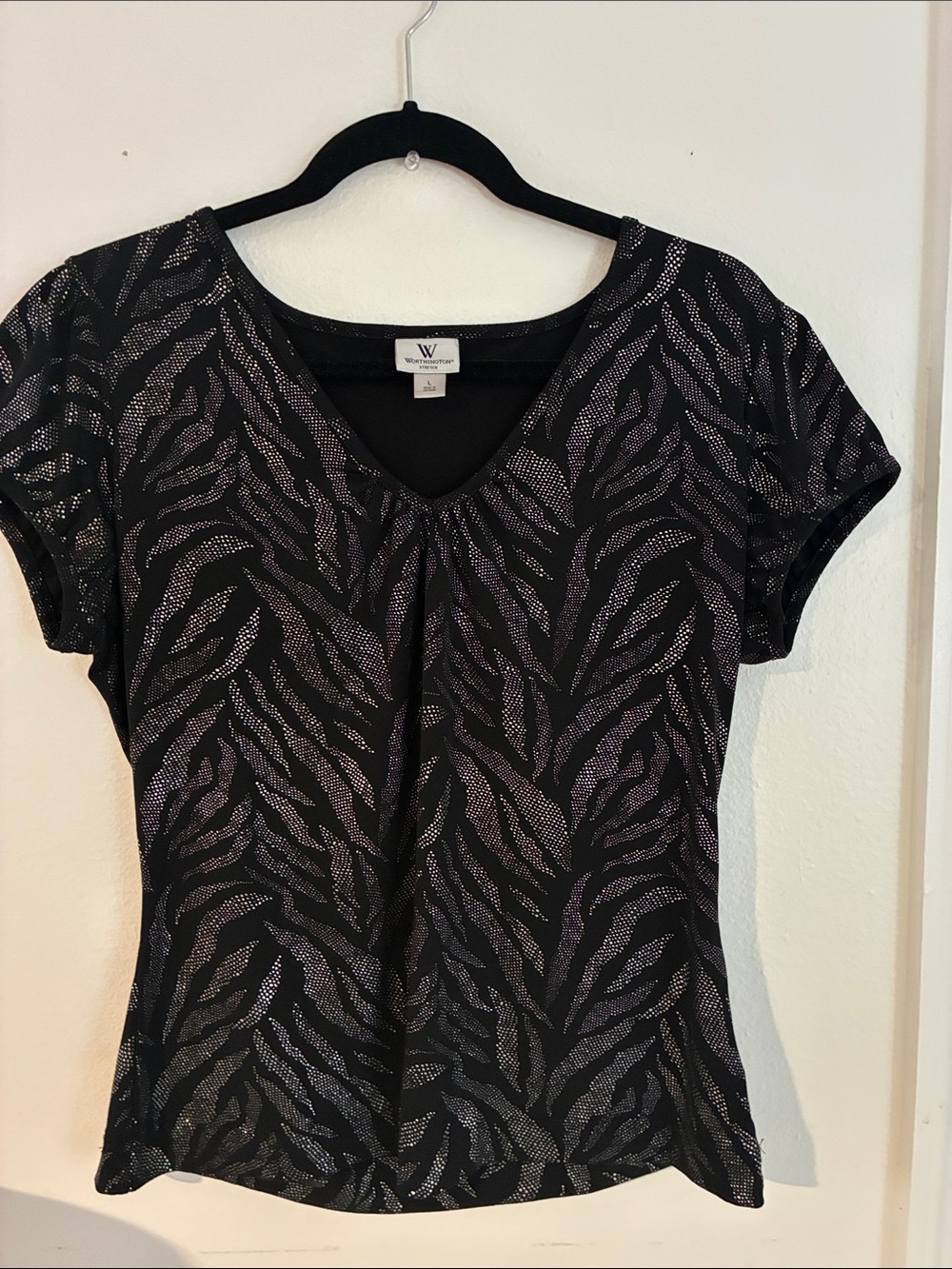 W by Worth Black Short Sleeve V-Neck Top with Silver Zebra Sparkle